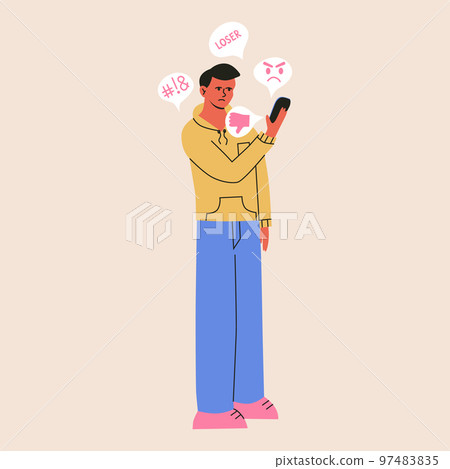 Cyber bullying and online abuse concepts. Upset. shame men take haters messages and dislike in social media. Flat vrctor illustration of internet problems, victim of mass media 97483835