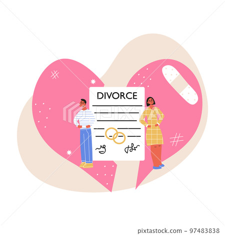 Ex-wife and ex-husband sign agreement divorce document and property divison. Matrimonial law, scales of justice, taring prenuptial agreement. Legal side of family breakdown. Flat vectr illustration Ex-wife and ex-husband sign agreement divorce document and property divison. Matrimonial law, scales of justice, taring prenuptial agreement. Legal side of family breakdown. Flat vectr illustration 97483838