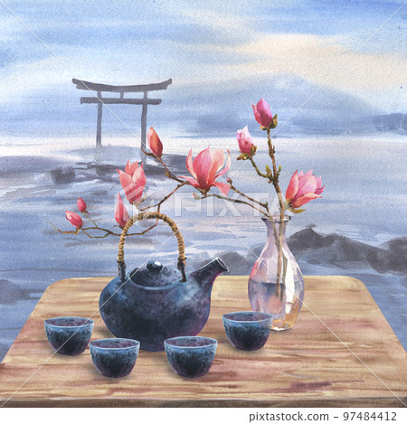 Watercolor illustration of dark blue japan ceramic teapot, bowls of tea, transparent vase with blossoming magnolia on wooden table, against the backdrop of a landscape with the ocean and torii gates. Watercolor illustration of dark blue japan ceramic teapot, bowls of tea, transparent vase with blossoming magnolia on wooden table, against the backdrop of a landscape with the ocean and torii gates. 97484412