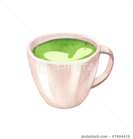 Watercolor organic green Japanese matcha latte. Hand drawn illustration, isolated on white background. Green tea fragrant drink cup isolated on white background in cartoon flat style. 97484419