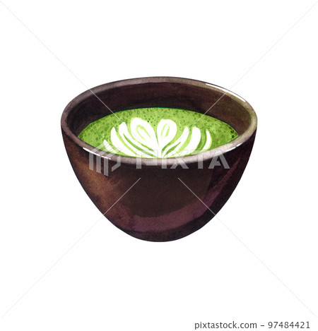 Watercolor organic green Japanese matcha latte in black cup. Hand drawn illustration, isolated on white background. Green tea fragrant drink isolated on white background in cartoon flat style. 97484421
