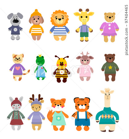 A set of cute cartoon animals. Dog, lion and giraffe, bears and cat, frog and bee, deer and llama, and others. Vector.  97484465
