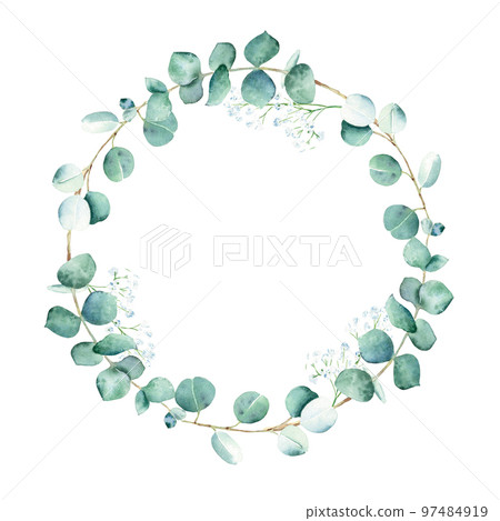 Watercolor eucalyptus and gypsophila round frame, wreath isolated on white background. Hand drawn botanical illustration. Ideal for stationery, wedding invitations, save the date, greeting card, logos Watercolor eucalyptus and gypsophila round frame, wreath isolated on white background. Hand drawn botanical illustration. Ideal for stationery, wedding invitations, save the date, greeting card, logos 97484919
