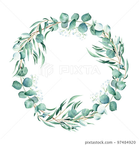 Watercolor eucalyptus and gypsophila round frame, wreath isolated on white background. Hand drawn botanical illustration. Ideal for stationery, wedding invitations, save the date, greeting card, logos Watercolor eucalyptus and gypsophila round frame, wreath isolated on white background. Hand drawn botanical illustration. Ideal for stationery, wedding invitations, save the date, greeting card, logos 97484920