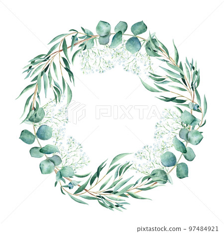 Watercolor eucalyptus and gypsophila round frame, wreath isolated on white background. Hand drawn botanical illustration. Ideal for stationery, wedding invitations, save the date, greeting card, logos Watercolor eucalyptus and gypsophila round frame, wreath isolated on white background. Hand drawn botanical illustration. Ideal for stationery, wedding invitations, save the date, greeting card, logos 97484921