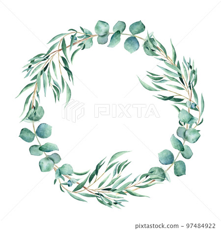Watercolor eucalyptus round frame, wreath isolated on white background. Hand drawn botanical illustration. Ideal for stationery, wedding invitations, save the date, greeting card, logos, prints. Watercolor eucalyptus round frame, wreath isolated on white background. Hand drawn botanical illustration. Ideal for stationery, wedding invitations, save the date, greeting card, logos, prints. 97484922
