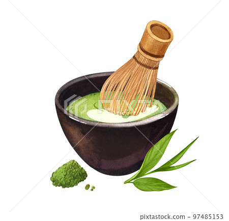 Watercolor organic green Japanese matcha latte in black cup, whisk and dry leafs. Hand drawn cartoon illustration, isolated on white background. Tea fragrant drink for web design, menu, app, advert 97485153