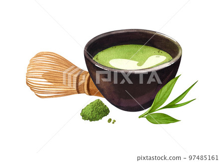 Watercolor organic green Japanese matcha latte in black cup, whisk and dry leafs. Hand drawn cartoon illustration, isolated on white background. Tea fragrant drink for web design, menu, app, advert Watercolor organic green Japanese matcha latte in black cup, whisk and dry leafs. Hand drawn cartoon illustration, isolated on white background. Tea fragrant drink for web design, menu, app, advert 97485161