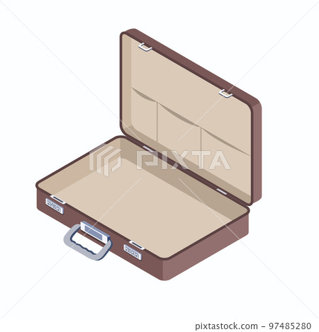 Briefcase in 3D isometric realistic style isolated on white background. Opened empty case with 4-Dial combination lock. 97485280