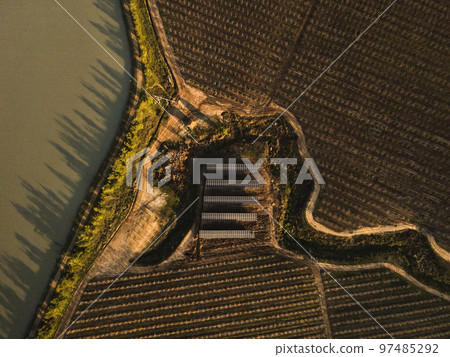 Aerial view of solar power plant solar panels on vineyard. Electric panels for producing clean ecologic energy. 97485292
