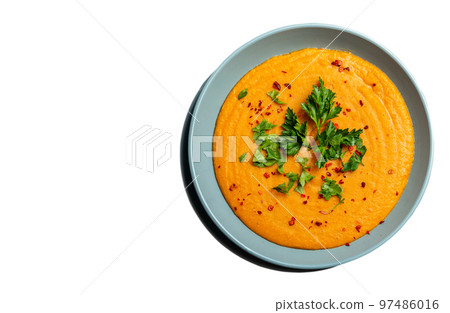 Traditional Indian soup lentils. Indian Dhal spicy curry in bowl spices herbs rustic isolated background. Authentic Indian dish 97486016