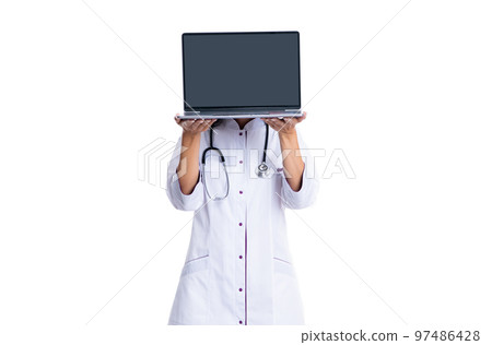 online doctor concept. doctor online with laptop isolated on white background. online doctor concept. doctor online with laptop isolated on white background. 97486428