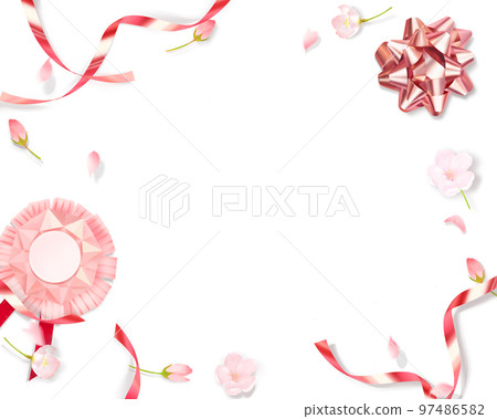 淺粉色可愛櫻花和摺紙環裝飾及獎章-白色背框背景素材 97486582