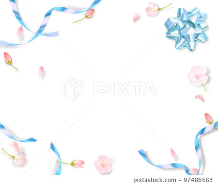 Light pink cute cherry blossoms and light blue ribbon decoration-white back frame background material 97486583