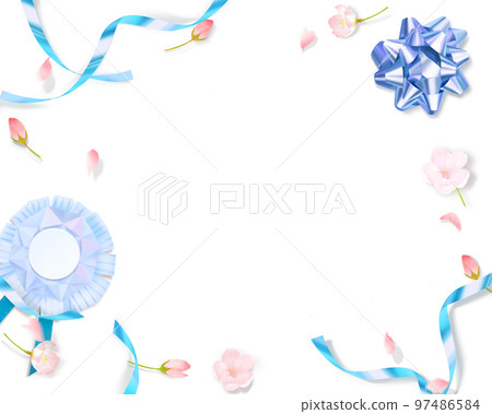 淺粉色可愛櫻花和淡藍色絲帶裝飾-白色背框背景素材 97486584