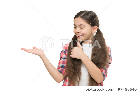 Young expertise. kid wear checkered shirt and jeans. care about long hair health. pure beauty of young. smiling child presenting product. little beauty casual style. small girl show thumb up gesture 97486640