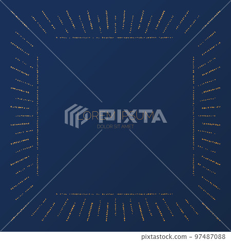 Gold square frame with sunbeams. Golden foil embossed border with shining effects. Vintage stippled glowing rays background. Golden luxury design 97487088