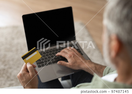 Cropped elderly caucasian man typing on computer with blank screen, using credit card, check finance 97487145