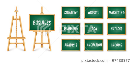Green chalkboard on wooden easel. Blackboard in wooden frame on a tripod. Presentation board with text, writing or drawing surface. Business investment, economics and finance. Vector illustration 97488577