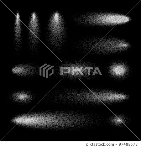Stipple shadows set, dotted design elements. Fading gradient. Stippling, dotwork drawing, shading using dots. Pixel disintegration, halftone effect. White noise grainy texture. Vector illustration 97488578