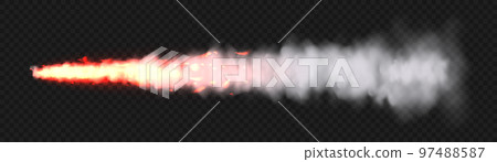 Realistic white smoke with fire, space rocket launch trail. Fire burst, explosion. Missile or bullet trace. Jet aircraft track. Smoke clouds, fog. Steam flow. Vector illustration 97488587