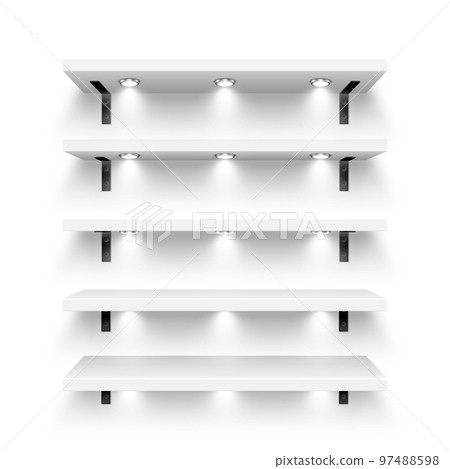 Realistic white store shelves with wall mount and lighting, spotlights. Empty product shelf, grocery wall rack. Mall and supermarket furniture, bookshelf. Modern interior design. Vector illustration 97488598
