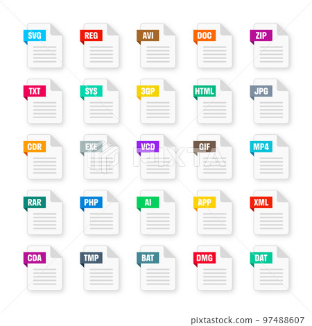 Common system file formats. Document types and extensions. Flat style icons collection. Document pictogram, web design UI element, template. Computer program or application icon. Vector illustration Common system file formats. Document types and extensions. Flat style icons collection. Document pictogram, web design UI element, template. Computer program or application icon. Vector illustration 97488607