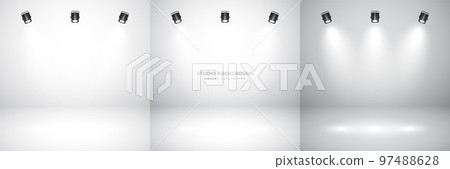 Empty gray studio abstract backgrounds with spotlight effect. Product showcase backdrop. Stage lighting. Vector illustration 97488628