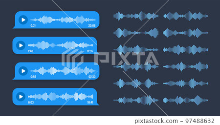 Voice, audio message, blue speech bubble. SMS text frame. Social media chat or messaging app conversation. Voice assistant, recorder. Sound wave pattern. Dark mode. Vector illustration Voice, audio message, blue speech bubble. SMS text frame. Social media chat or messaging app conversation. Voice assistant, recorder. Sound wave pattern. Dark mode. Vector illustration 97488632