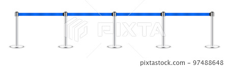 Realistic blue retractable belt stanchion. Crowd control barrier posts with caution strap. Queue lines. Restriction border and danger tape. Attention, warning sign. Vector illustration Realistic blue retractable belt stanchion. Crowd control barrier posts with caution strap. Queue lines. Restriction border and danger tape. Attention, warning sign. Vector illustration 97488648