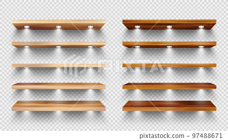Realistic wooden store shelves with lighting, spotlights. Empty product shelf, grocery wall rack. Mall and supermarket furniture, bookshelf. Modern interior design element. Vector illustration 97488671