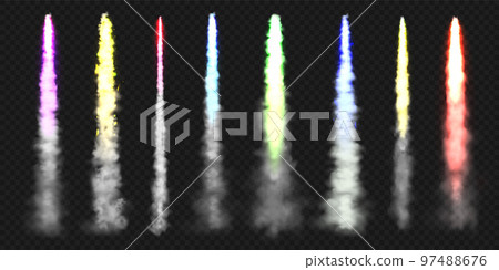 Realistic colorful space rocket trails. Festive fireworks launch. Fire burst, explosion. Missile or bullet trail. Jet aircraft tracks. Smoke clouds, fog. Steam flow. Vector illustration 97488676