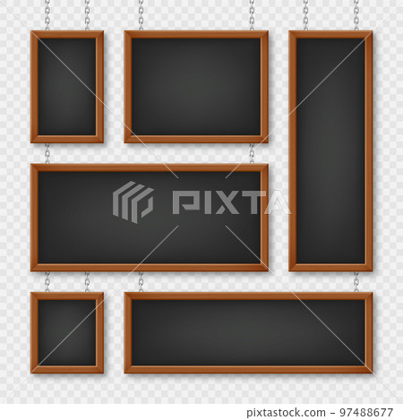 Signboards in a wooden frame hanging on a metal chain. Restaurant menu board. School chalkboard, writing surface for text or drawing. Blank advertising or presentation boards. Vector illustration 97488677
