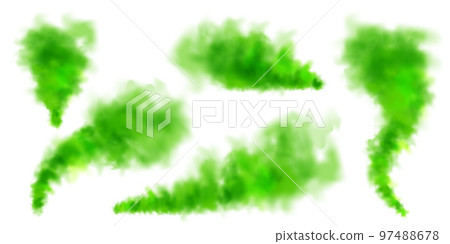Green colorful smoke clouds isolated on white background, realistic mist effect, fog. Vapor in the air, steam flow. Vector illustration 97488678