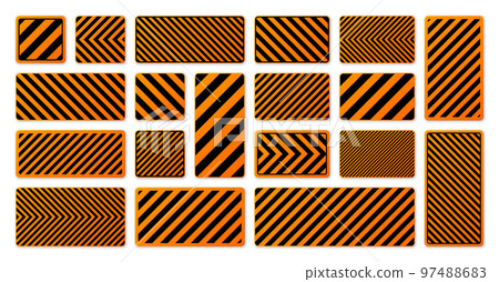 Various black and orange warning signs with diagonal lines. Attention, danger or caution sign, construction site signage. Realistic notice signboard, warning banner, road shield. Vector illustration Various black and orange warning signs with diagonal lines. Attention, danger or caution sign, construction site signage. Realistic notice signboard, warning banner, road shield. Vector illustration 97488683