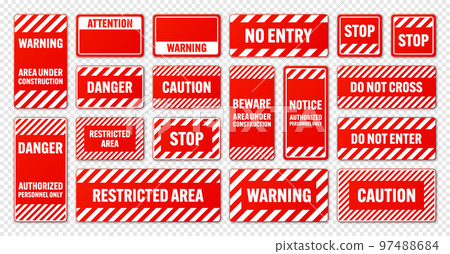 Various white and red warning signs with diagonal lines. Attention, danger or caution sign, construction site signage. Realistic notice signboard, warning banner, road shield. Vector illustration 97488684