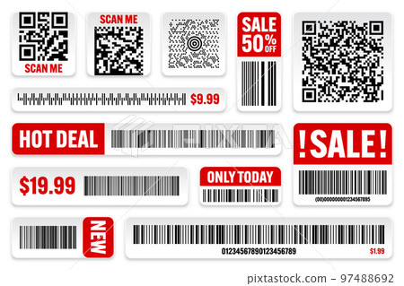 Set of product barcodes and QR codes. Special offer, sale stickers, shopping discount label or promotional badge. Serial number, product ID. Supermarket retail label, price tag. Vector illustration 97488692