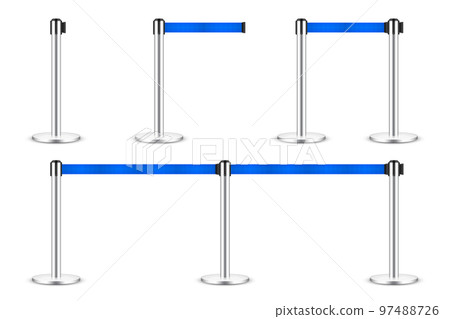 Realistic blue retractable belt stanchion. Crowd control barrier posts with caution strap. Queue lines. Restriction border and danger tape. Attention, warning sign. Vector illustration 97488726