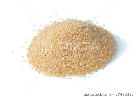 Pile set of Brown Sugar, crystal grain sugar pouring down abstract cloud group. Beautiful complete seed sugarcane, food object design. Selective focus freeze shot black background isolated 97490335