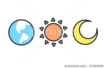 太陽、月亮和地球的插圖素材。矢量圖標集。 97490909