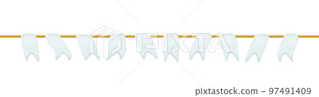 Garlands white 3d glossy little flags or pennants by a rope, hanging for holiday, realistic plastic toy. Png 97491409
