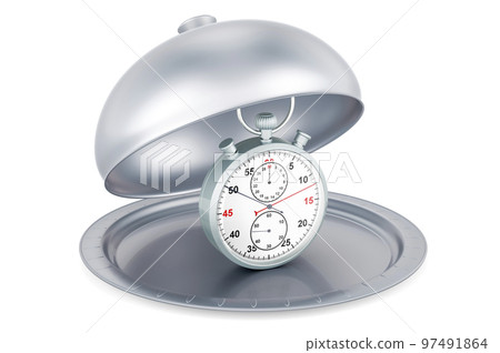 Restaurant cloche with stopwatch, 3D rendering Restaurant cloche with stopwatch, 3D rendering 97491864