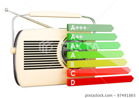 Retro receiver with energy efficiency chart, 3D rendering Retro receiver with energy efficiency chart, 3D rendering 97491865