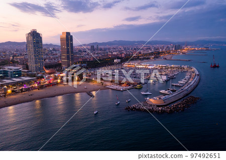 Evening aerial view of coastal area of Barcelona in summer, Spain Evening aerial view of coastal area of Barcelona in summer, Spain 97492651