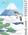 Illustration for New Year's cards where a rabbit flying around Mt. Fuji on a hawk greets the New Year 97493317