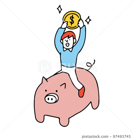 用美元儲蓄 一個微笑的人跨坐在豬身上的插圖 用美元儲蓄 一個微笑的人跨坐在豬身上的插圖 97493745