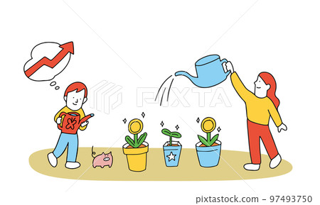 Image illustration of diversified investment People watering a bowl of money Image illustration of diversified investment People watering a bowl of money 97493750