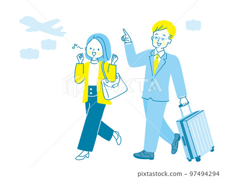 Illustration of a man and a woman traveling with a carry case Illustration of a man and a woman traveling with a carry case 97494294