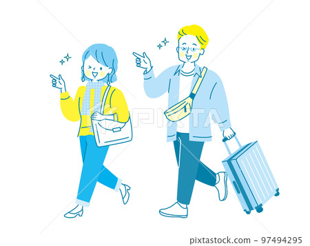 Illustration of a man and a woman traveling with a carry case 97494295