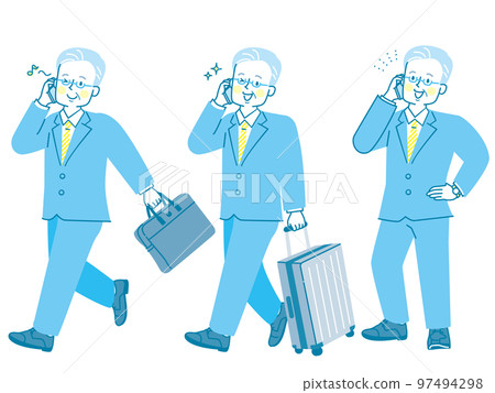 Illustration set of a man in a suit on a business trip with a smartphone 97494298